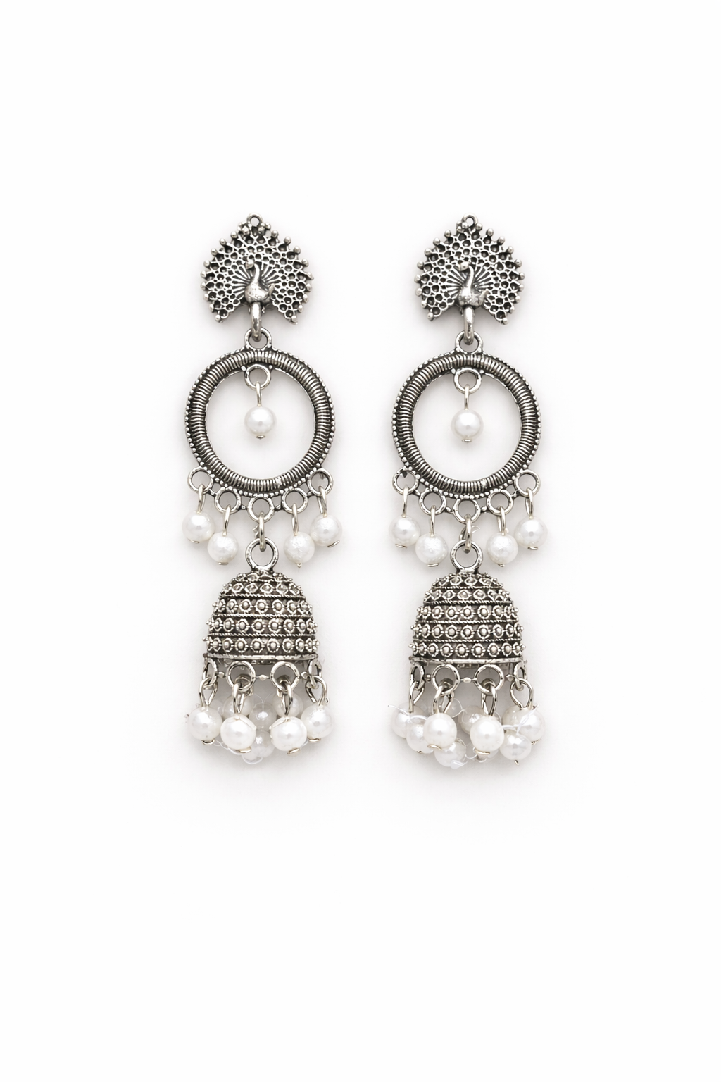 Tribal Peacock Hoop Jhumkas with Pearl Accents