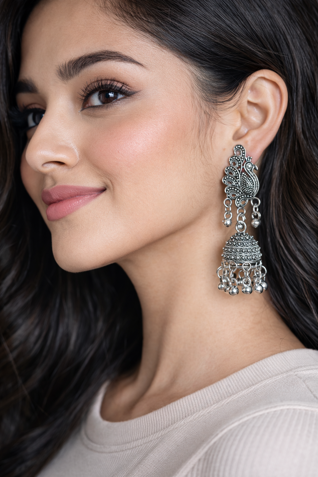 Royal Peacock Motif Oxidised Silver Jhumkas