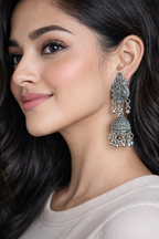 Royal Peacock Motif Oxidised Silver Jhumkas