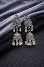 Royal Peacock Motif Oxidised Silver Jhumkas