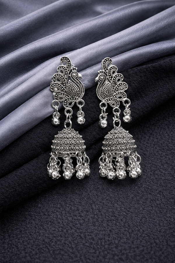 Royal Peacock Motif Oxidised Silver Jhumkas