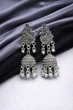 Royal Peacock Motif Oxidised Silver Jhumkas