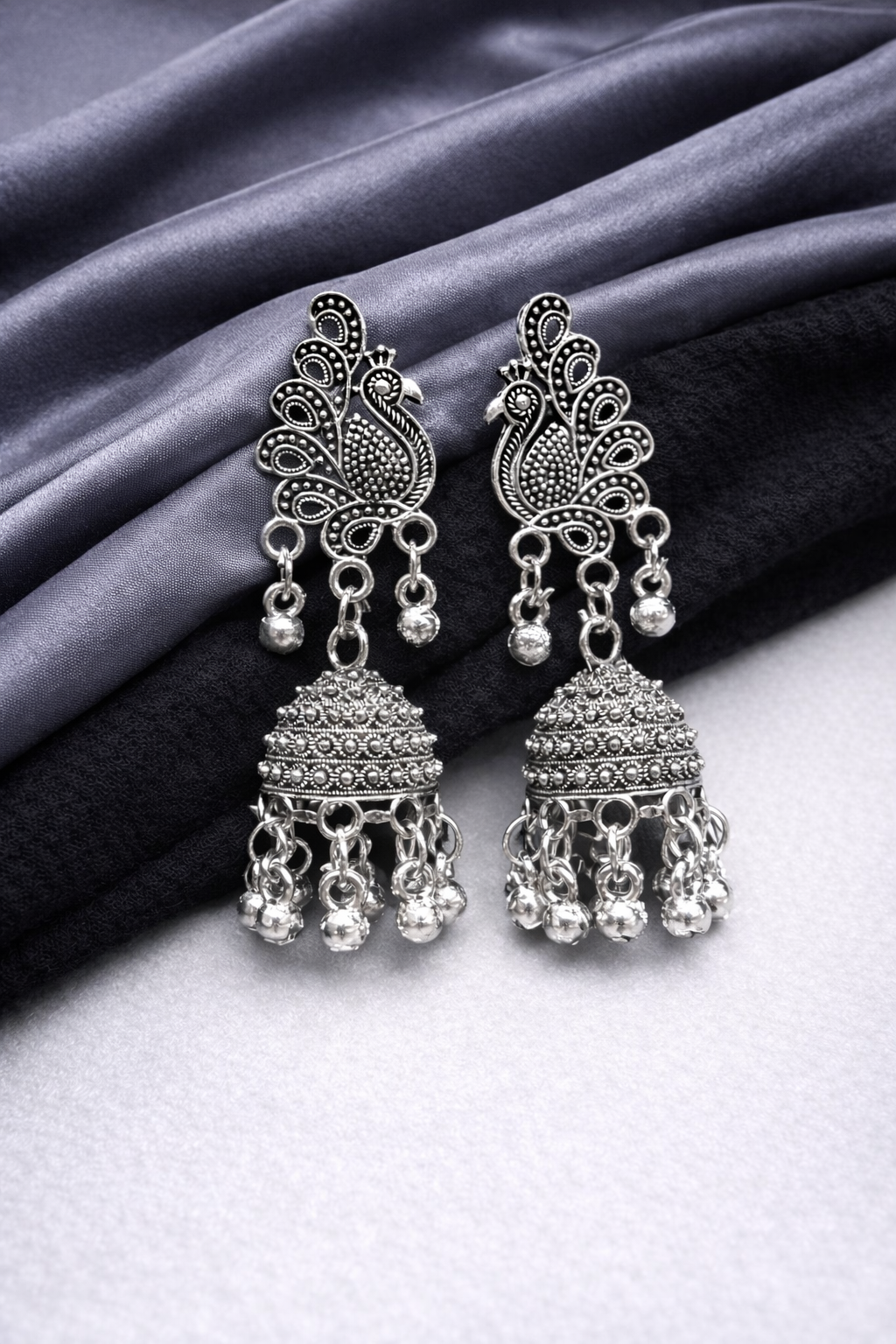 Royal Peacock Motif Oxidised Silver Jhumkas