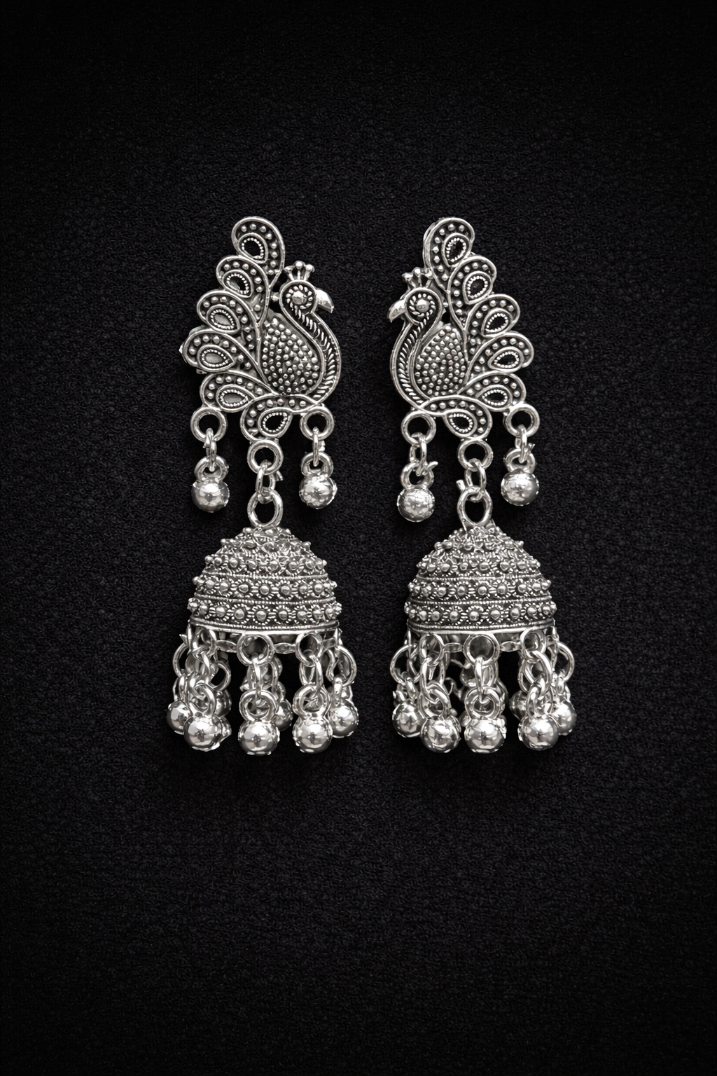 Royal Peacock Motif Oxidised Silver Jhumkas