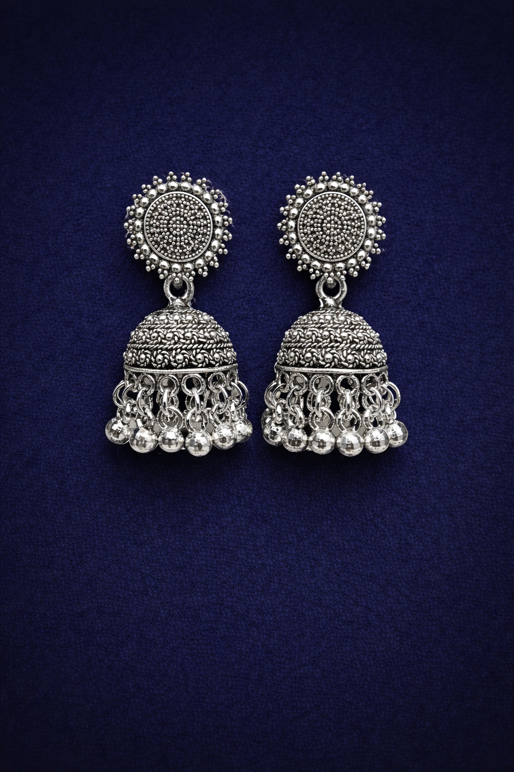 Classic Round Stud Textured Oxidised Jhumkas