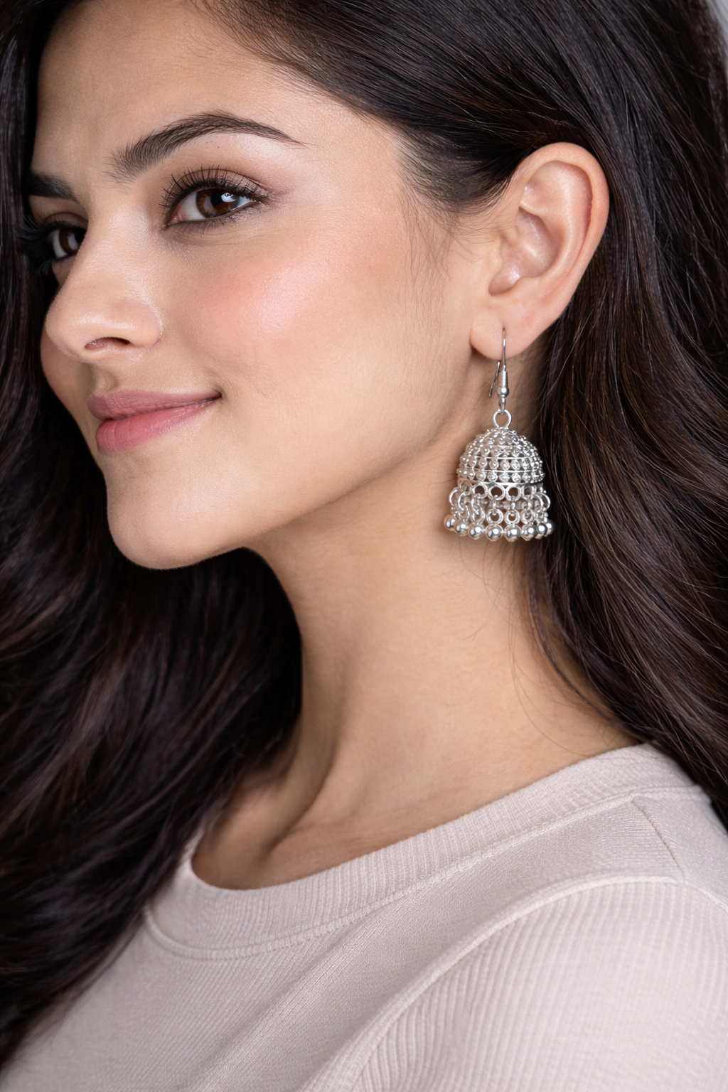 Contemporary Mesh Work Oxidised Silver Jhumkas