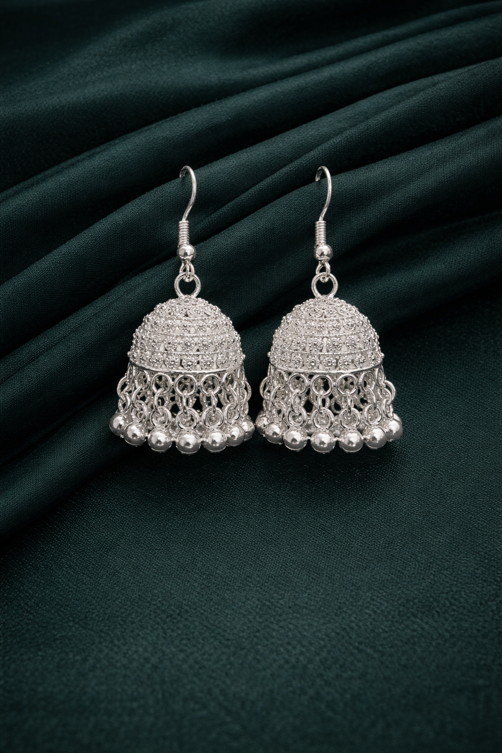 Contemporary Mesh Work Oxidised Silver Jhumkas