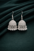 Contemporary Mesh Work Oxidised Silver Jhumkas