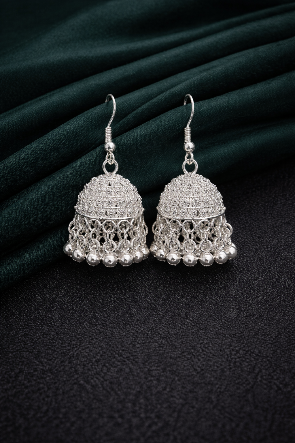 Contemporary Mesh Work Oxidised Silver Jhumkas
