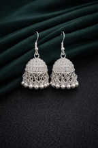 Contemporary Mesh Work Oxidised Silver Jhumkas