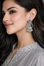 Geometric Square & Hoop Oxidised Jhumkas