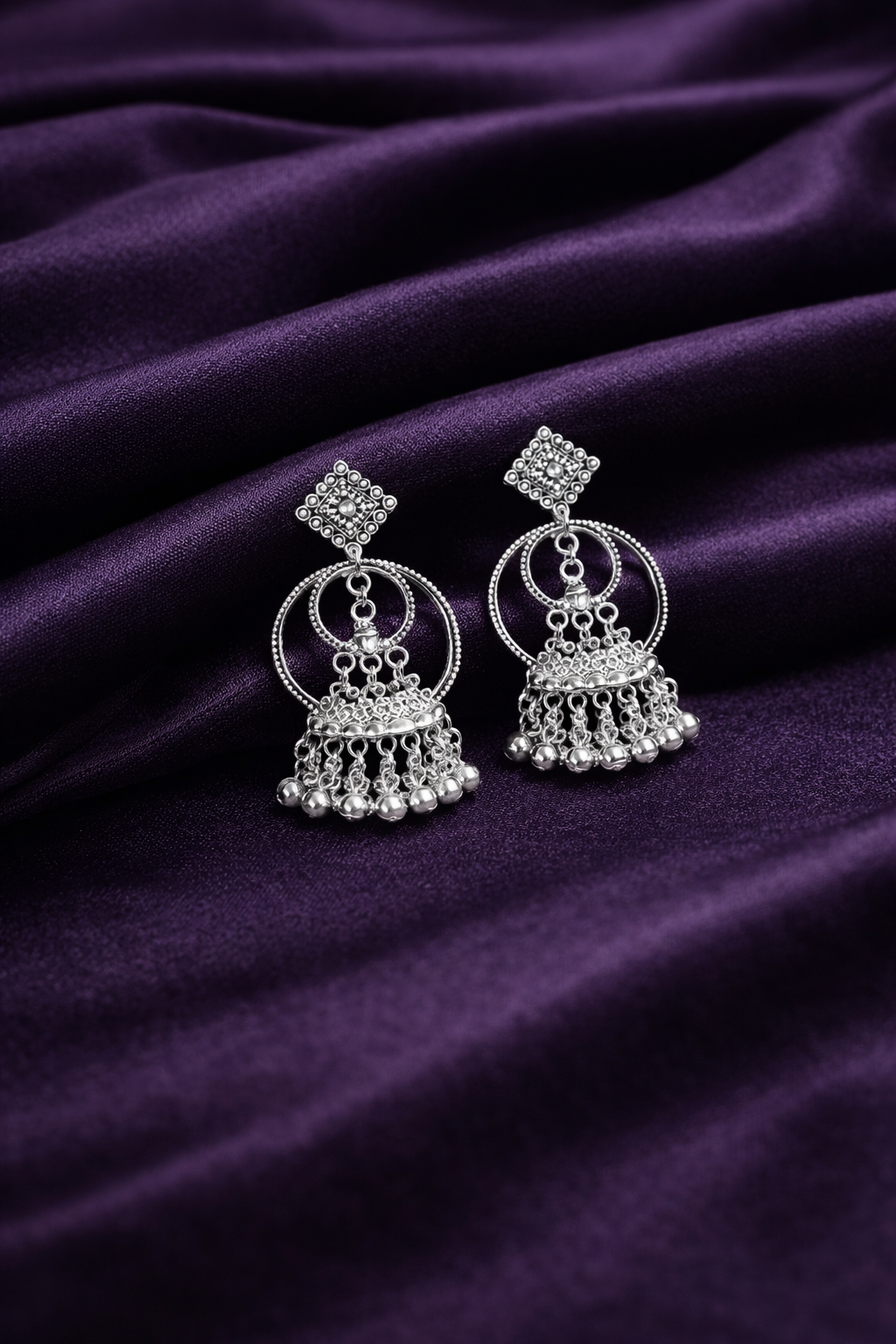Geometric Square & Hoop Oxidised Jhumkas