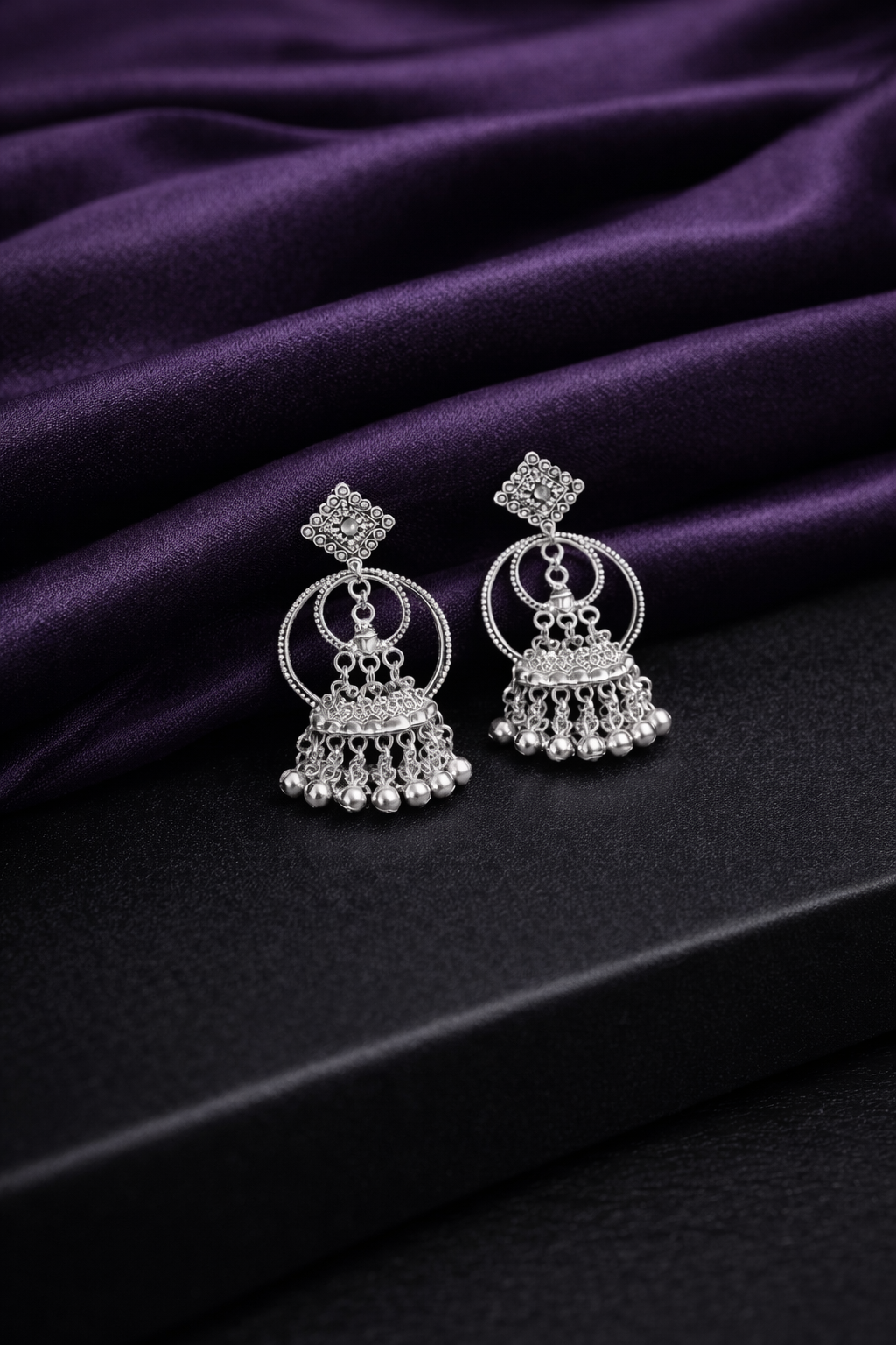 Geometric Square & Hoop Oxidised Jhumkas