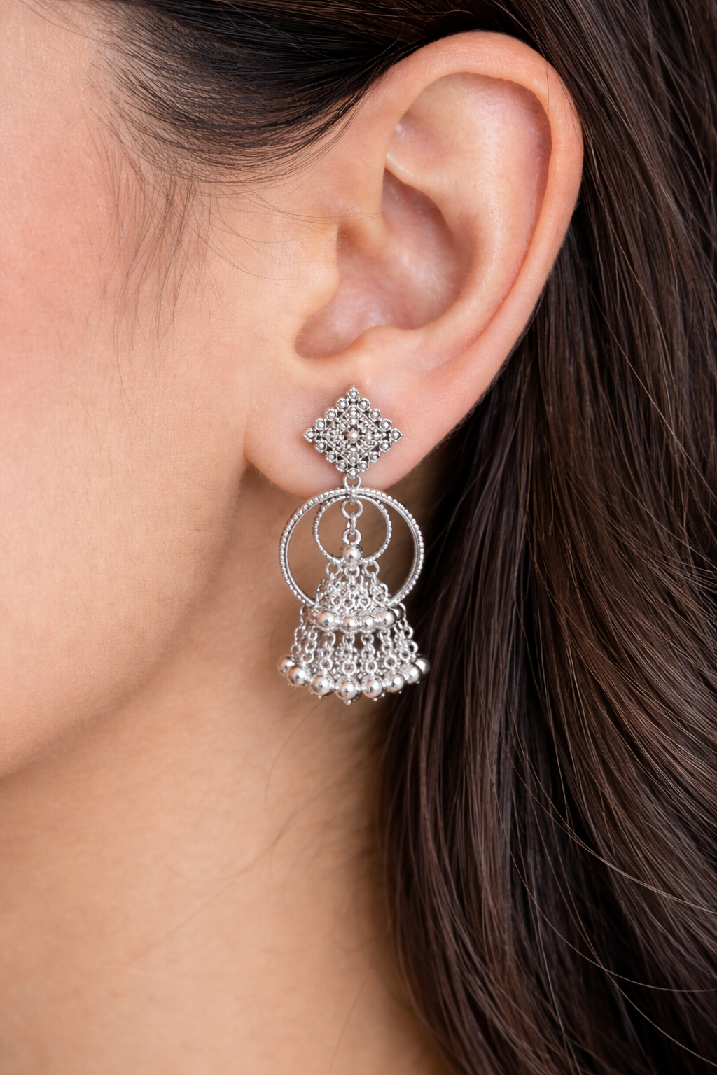 Geometric Square & Hoop Oxidised Jhumkas