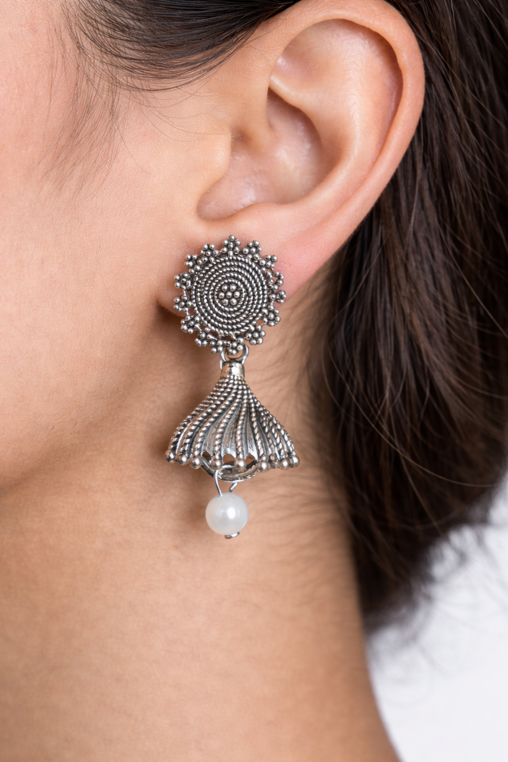 Floral Sunburst Fluted Bell Earrings with Pearl