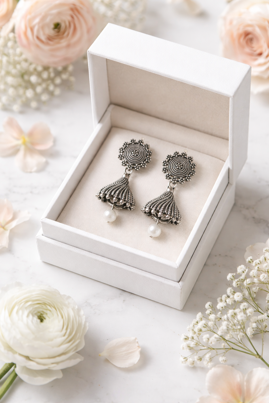 Floral Sunburst Fluted Bell Earrings with Pearl