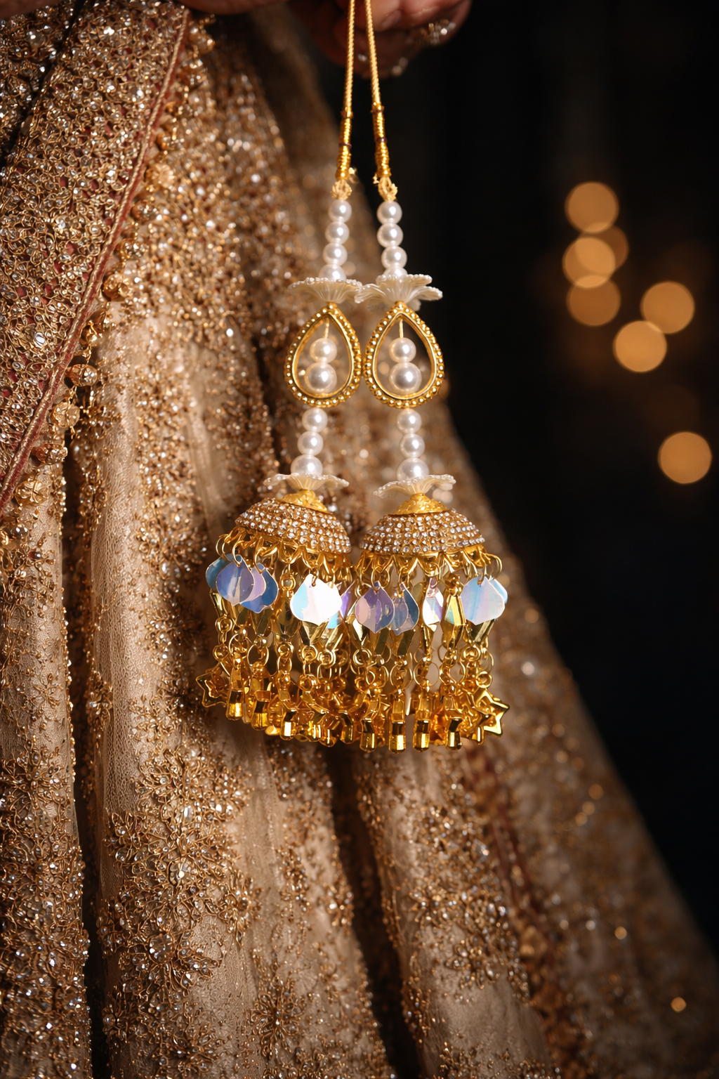 Holographic Sequin & Pearl Bridal Lehenga Latkan