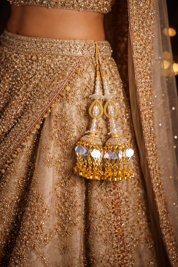 Holographic Sequin & Pearl Bridal Lehenga Latkan