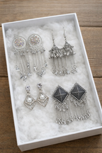 Celestial Silver Charm & Chain Earring Set (Set of 4)