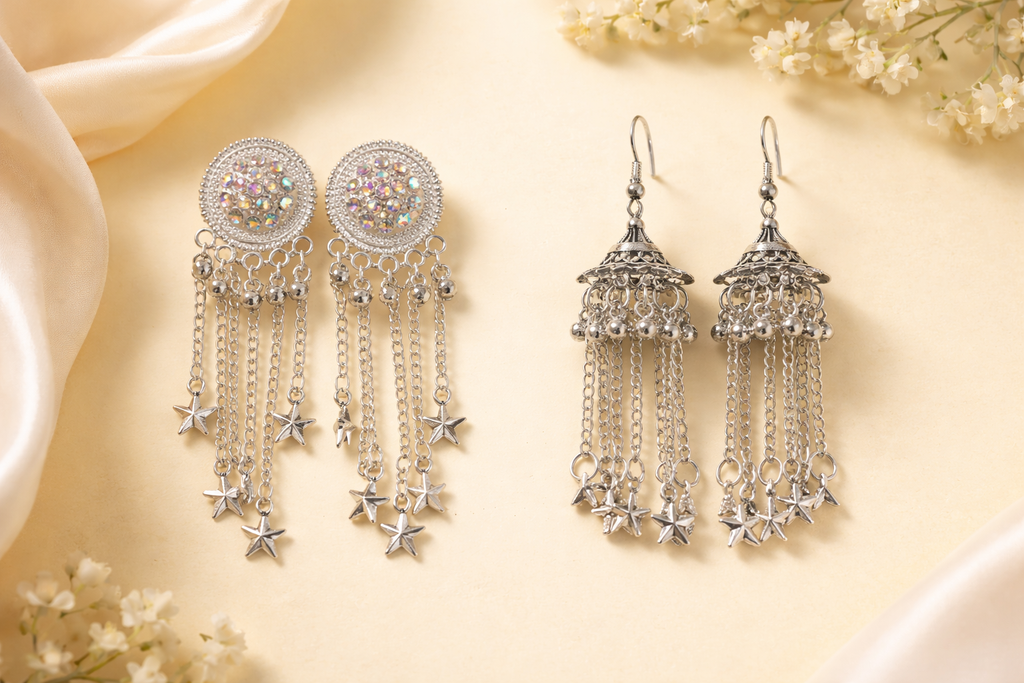 Celestial Silver Charm & Chain Earring Set (Set of 4)