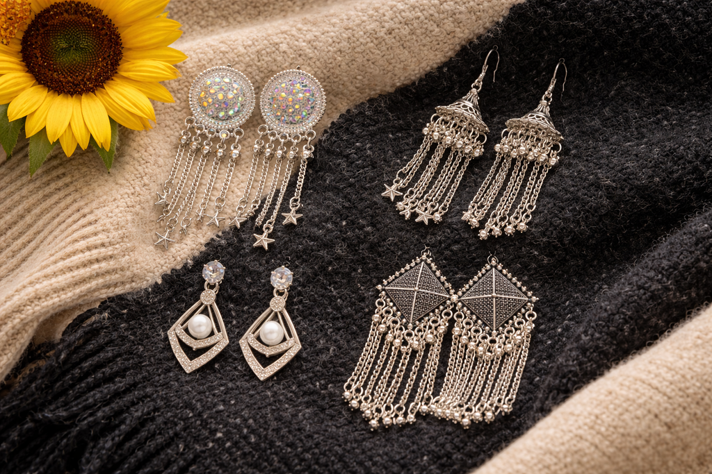 Celestial Silver Charm & Chain Earring Set (Set of 4)