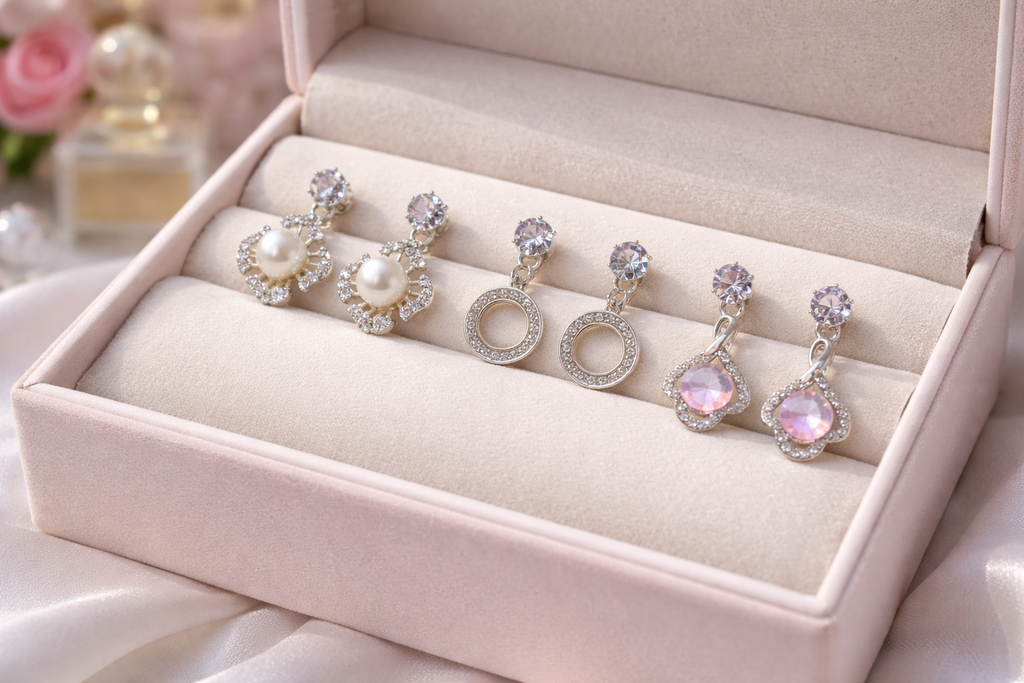 Rose Pink & Crystal Dainty Earring Trio (Gift Box)