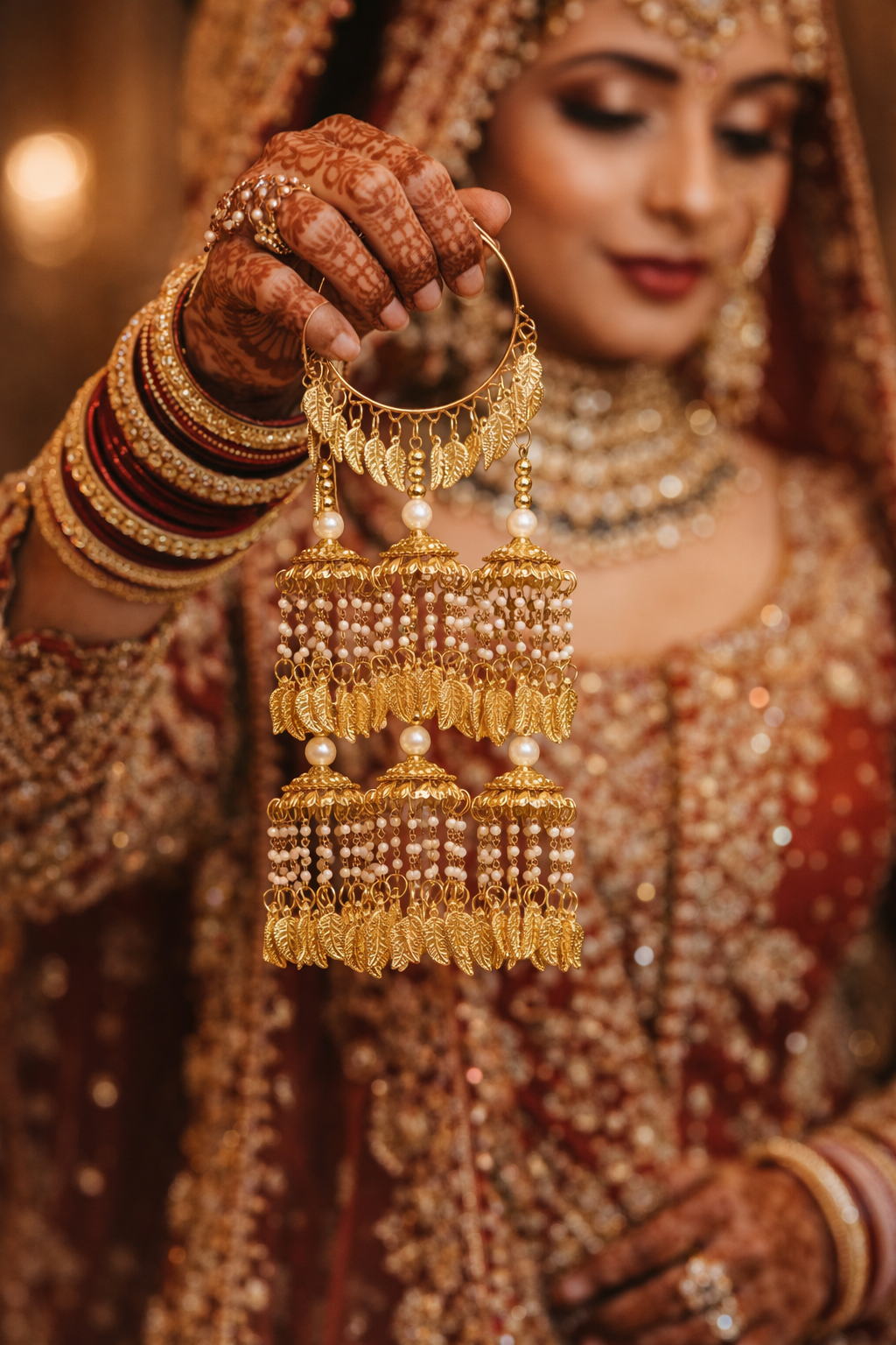 Golden Hoop Tiered Bridal Kaleere with Pearl & Leaf Charms