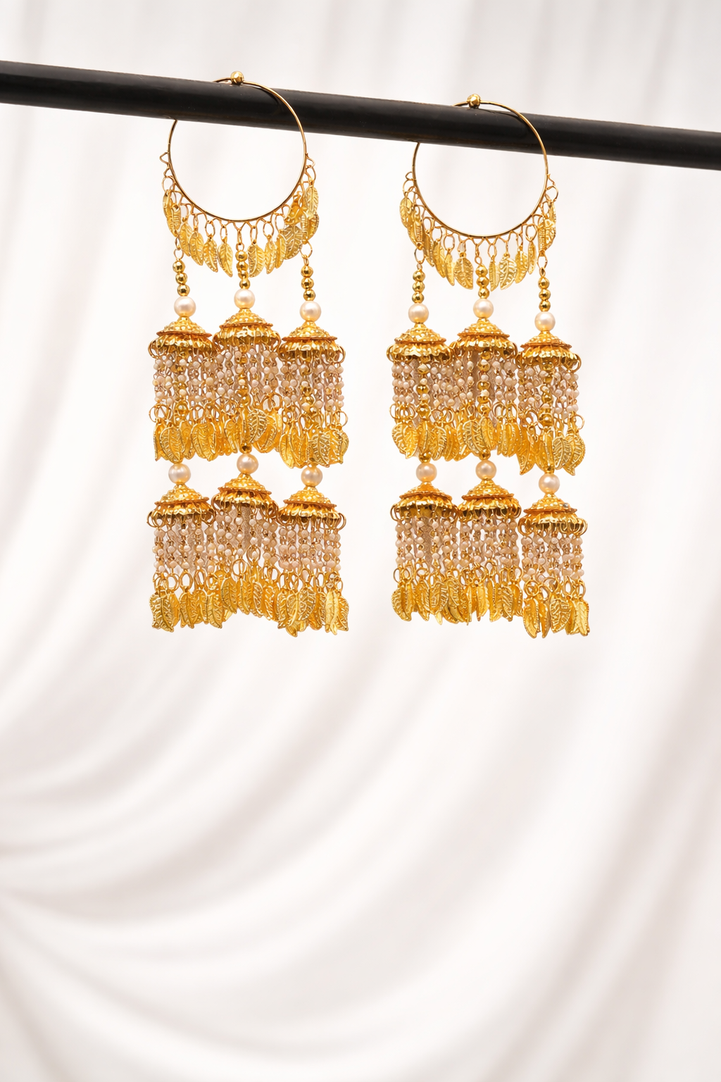 Golden Hoop Tiered Bridal Kaleere with Pearl & Leaf Charms