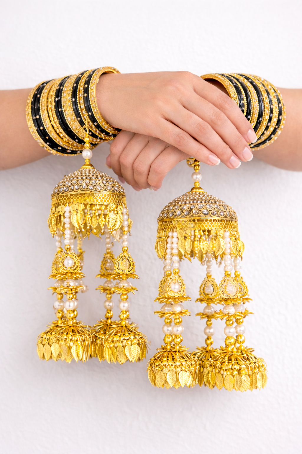 Royal Polki Studded Gold Kaleere with Pearl Strands