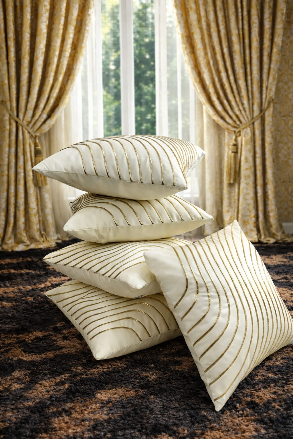 Elegant Cream & Gold Wave Embroidered Cushion Cover Set