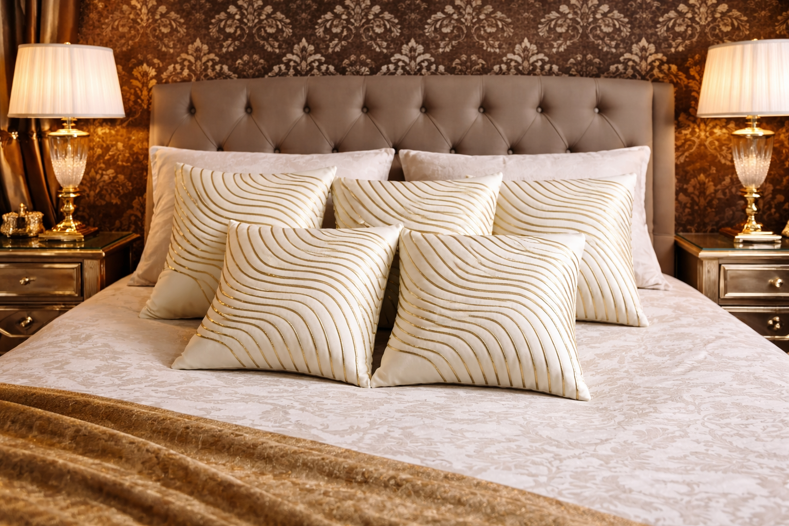 Elegant Cream & Gold Wave Embroidered Cushion Cover Set