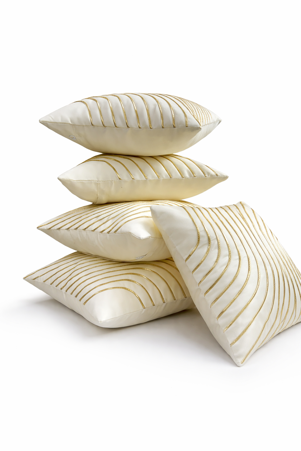 Elegant Cream & Gold Wave Embroidered Cushion Cover Set