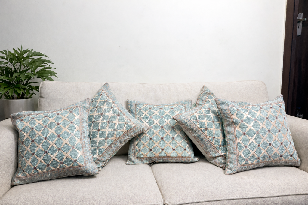 Teal Blue Geometric Lattice Jacquard Cushion Covers
