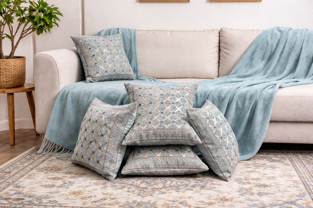 Teal Blue Geometric Lattice Jacquard Cushion Covers