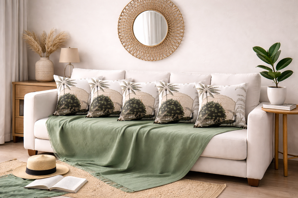 Tropical Palm & Peacock Vintage Print Cushion Covers