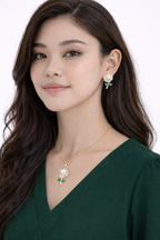 Enchanted Pearl & Green Leaf Floral Jewelry Set