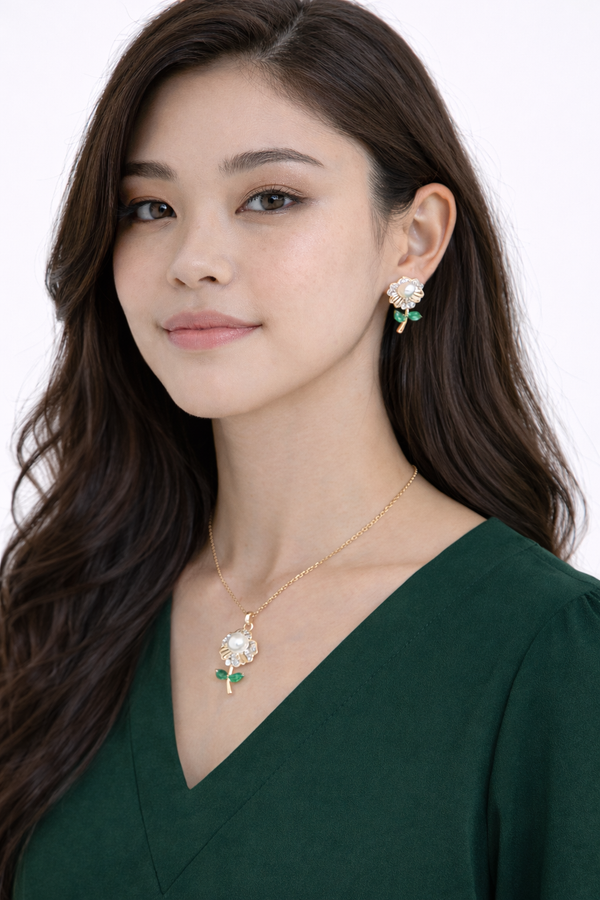 Enchanted Pearl & Green Leaf Floral Jewelry Set