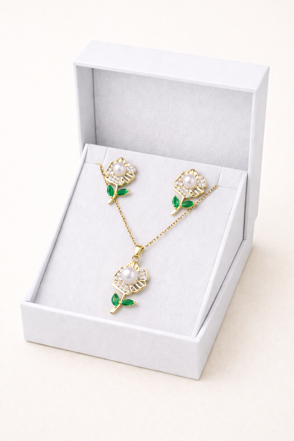 Enchanted Pearl & Green Leaf Floral Jewelry Set