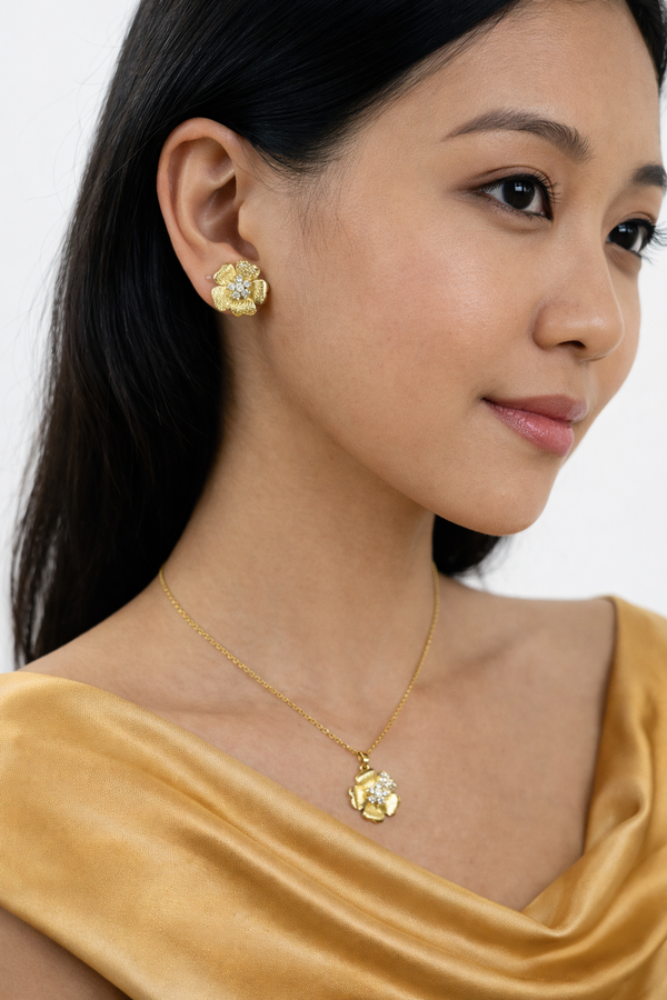 Textured Gold Blooming Flower Pendant Set