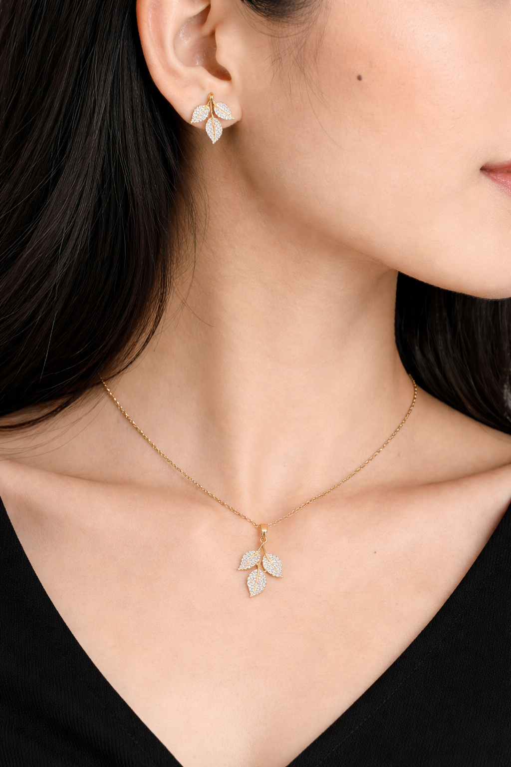 Crystal Paved Triple Leaf Gold Jewelry Set