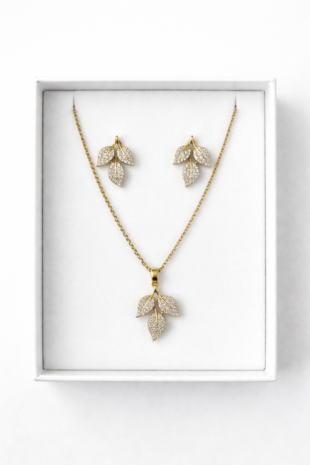 Crystal Paved Triple Leaf Gold Jewelry Set