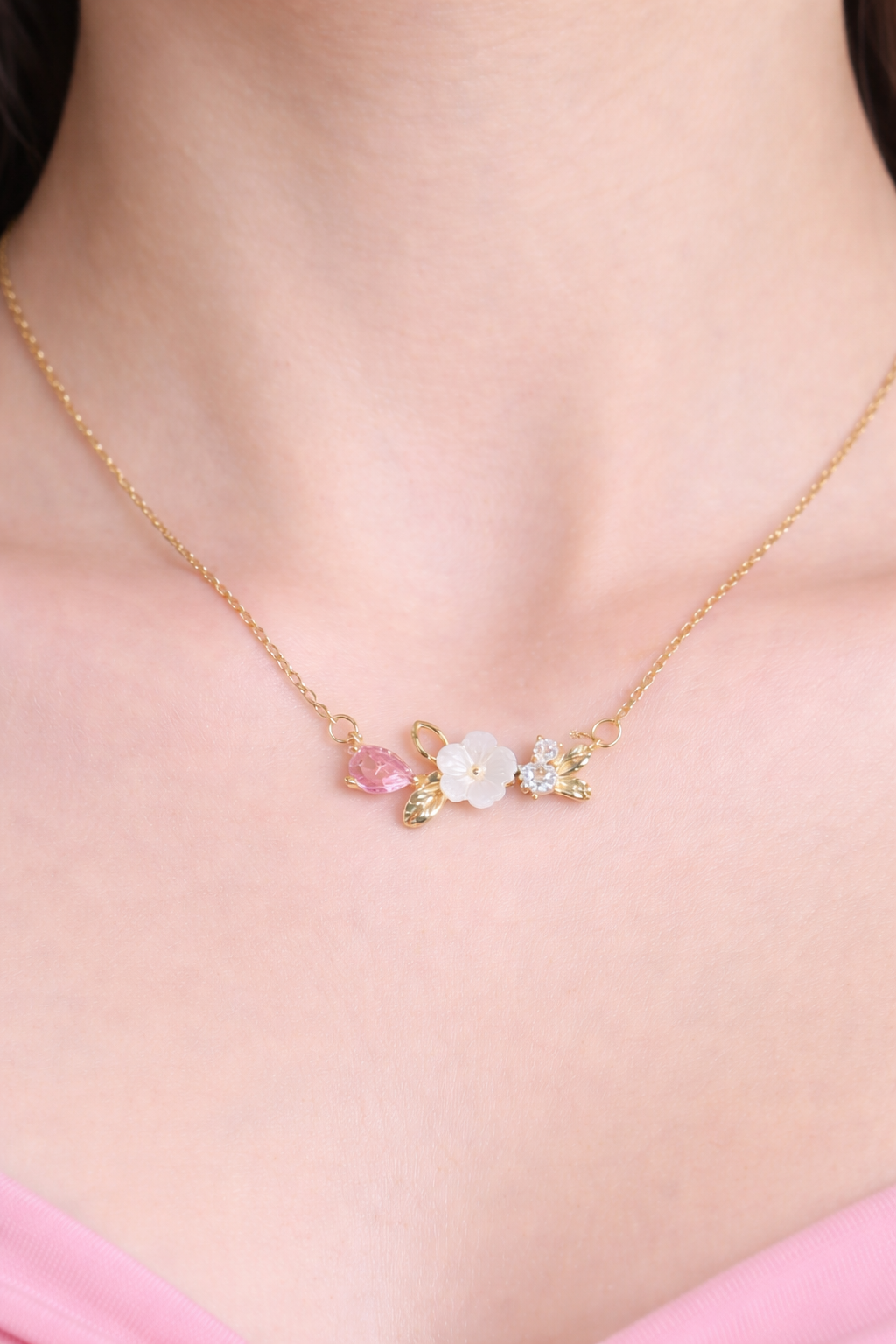 Delicate Spring Blossom & Pink Stone Necklace