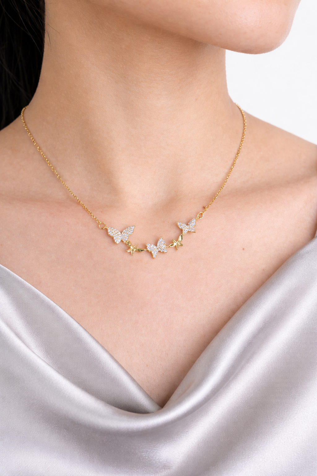 Sparkling Butterfly & Star Charm Necklace