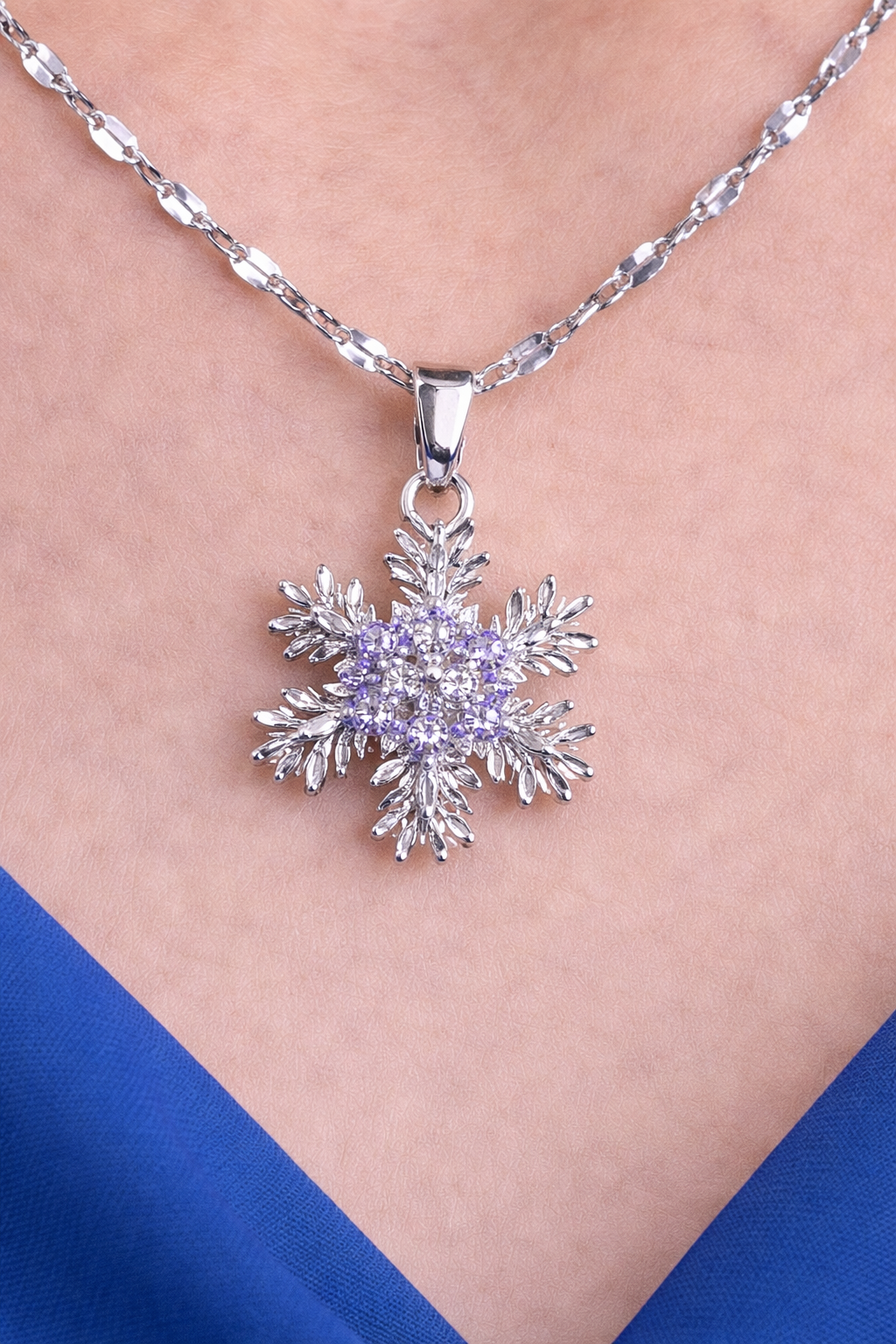 Sparkling Silver Snowflake Pendant with Amethyst Center
