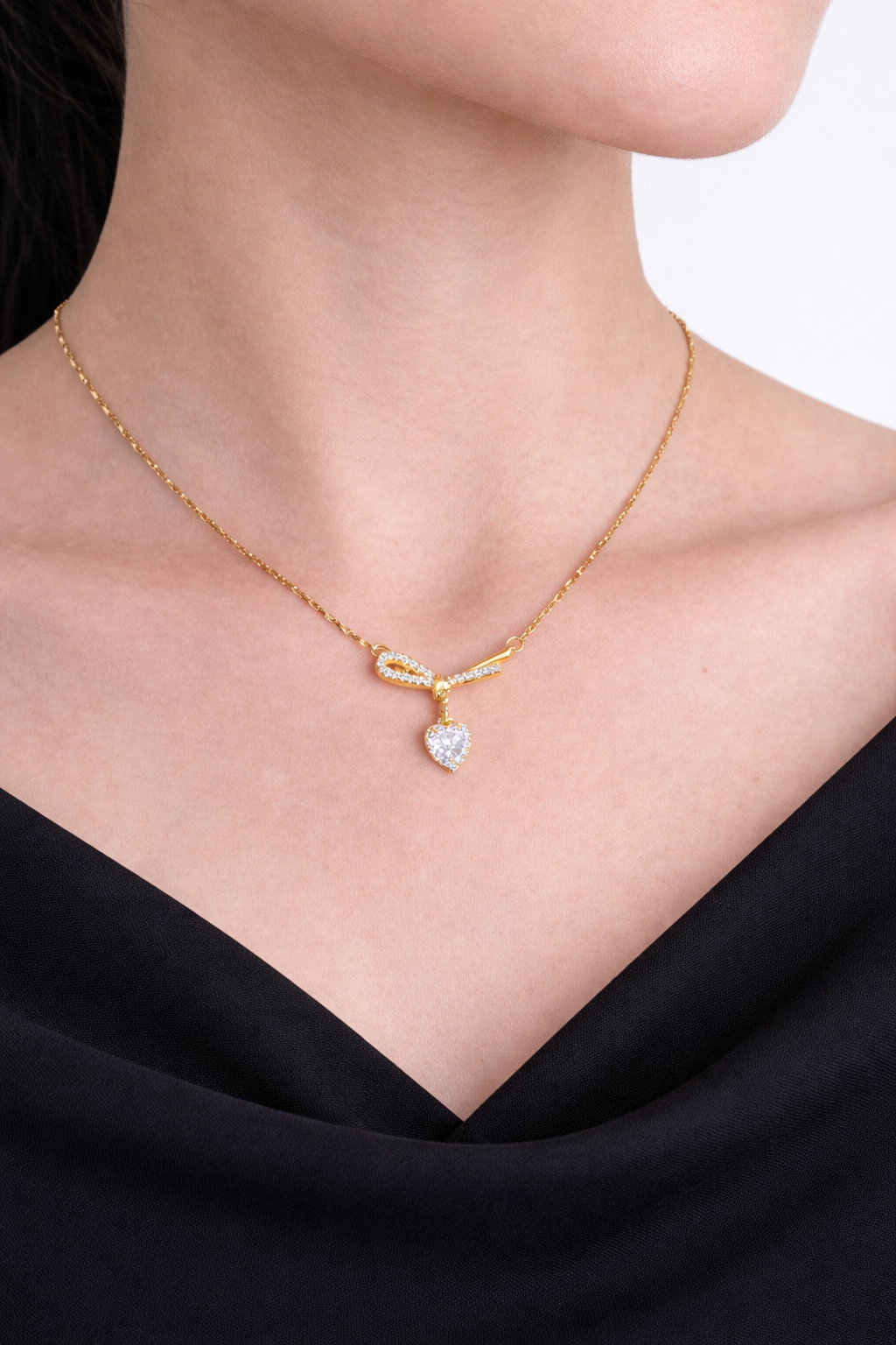 Gold Ribbon Bow Necklace with Dainty Heart Drop