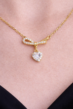 Gold Ribbon Bow Necklace with Dainty Heart Drop