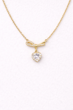 Gold Ribbon Bow Necklace with Dainty Heart Drop