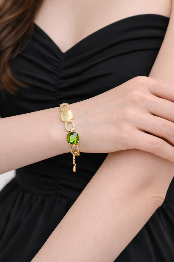 Vibrant Peridot & Champagne Stone Statement Bracelet