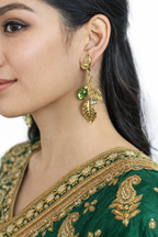 Verdant Green Teardrop & Gold Leaf Dangle Earrings