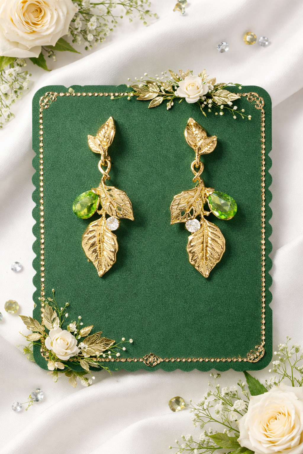Verdant Green Teardrop & Gold Leaf Dangle Earrings